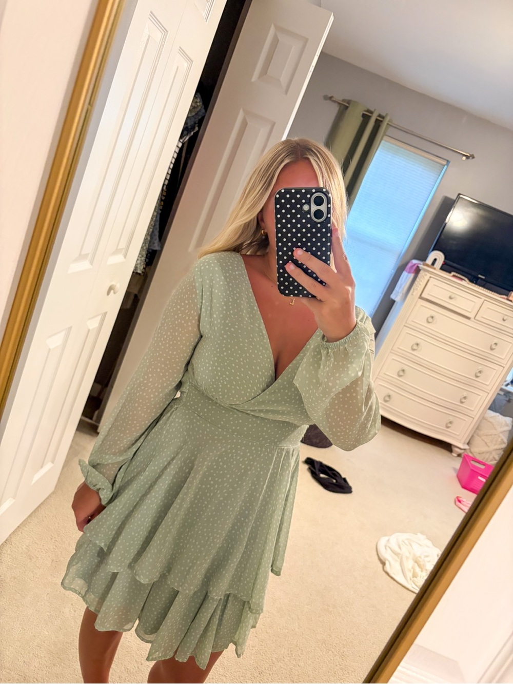 T.J.Maxx Light Sage Green Long-Sleeve Wrap Ruffle Dress